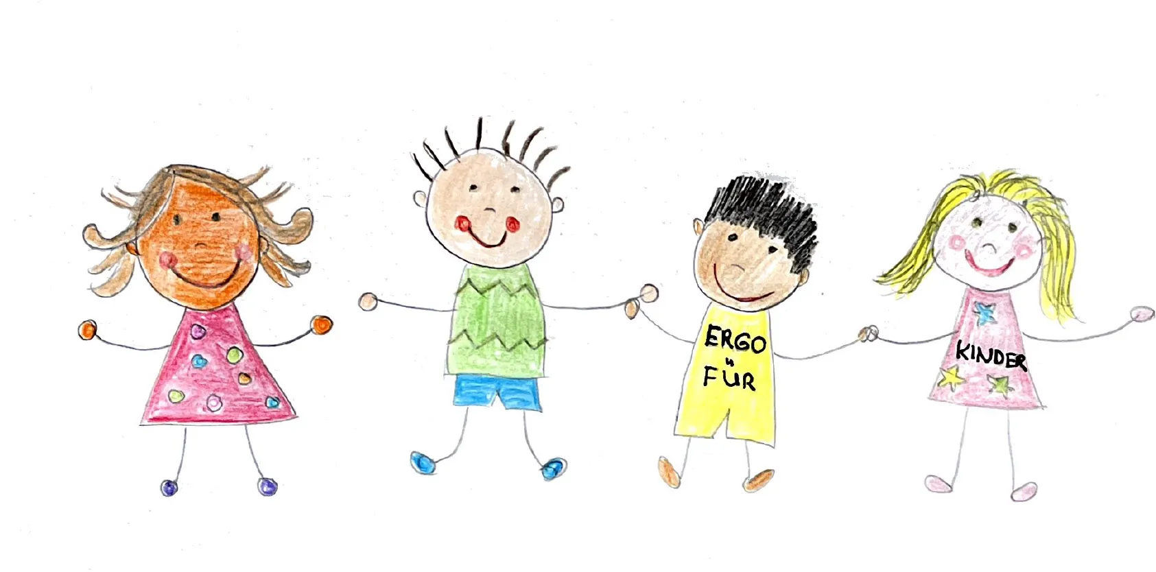 Eine gemalte Zeichnung von 4 Kindern, die sich an den Händen halten und den Schriftzug Ergotherapie für Kinder enthalten